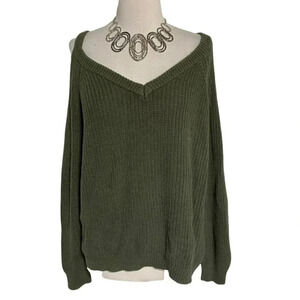 Moral Fiber XL boho army green ribbed‎ cold shoulder V-neck sweater
